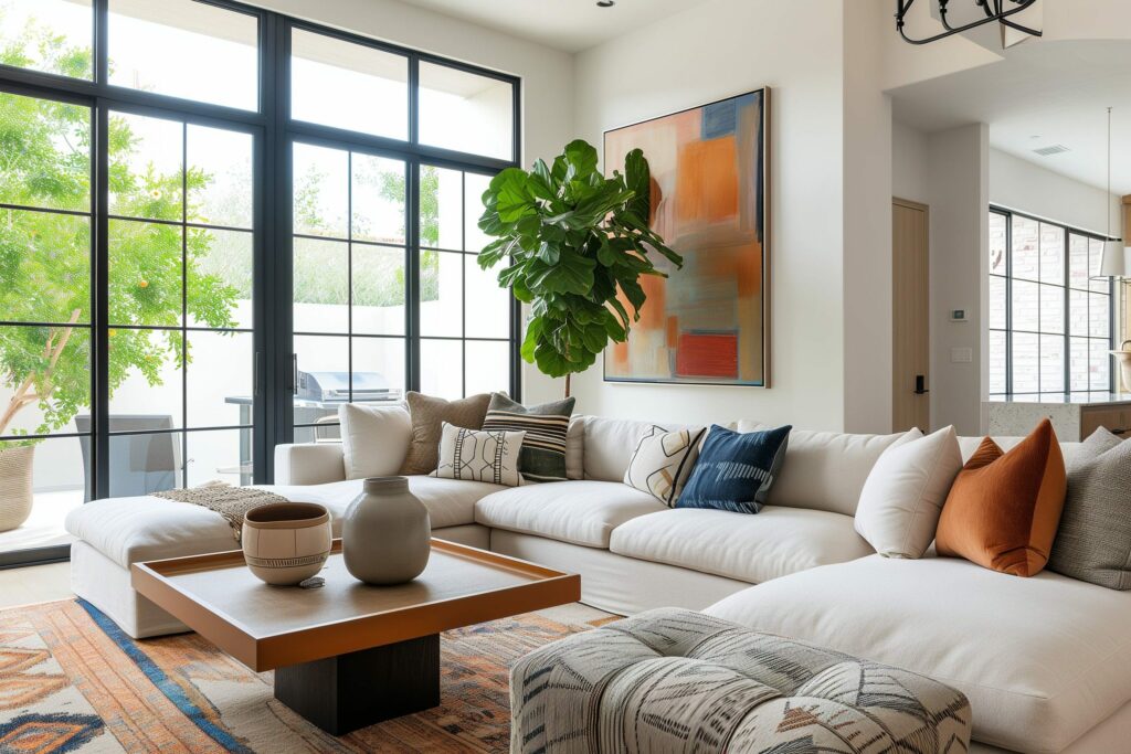 Cozy family room with white sectional sofa, colorful pillows, large window, and abstract artwork on the wall.
