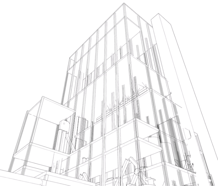 Architectural wireframe of a tall building structure, viewed from a low angle.