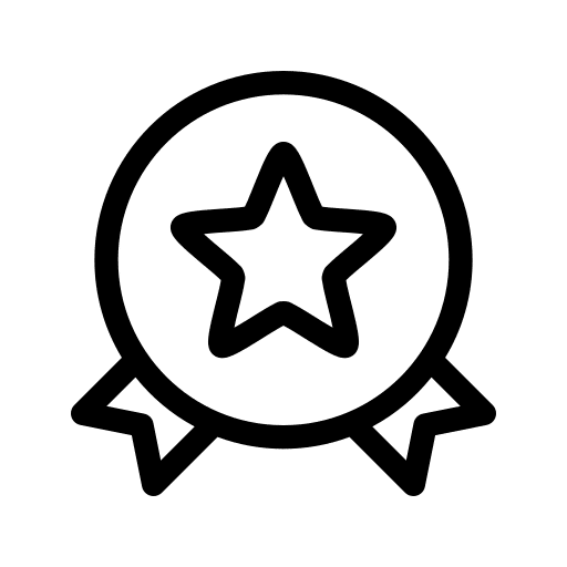 A black and white icon of an award ribbon with a star in the center.