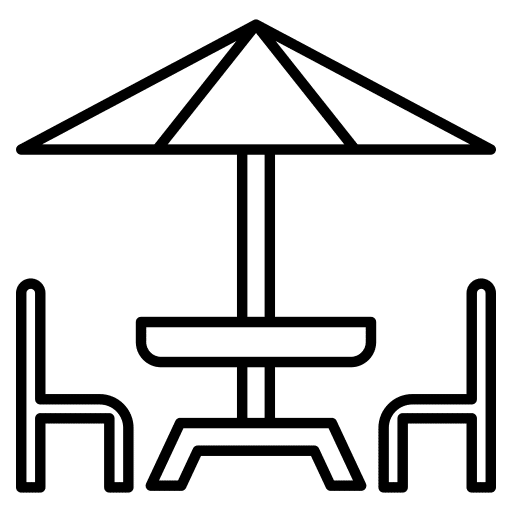 Icon of a seating area with two chairs and an umbrella-covered table.