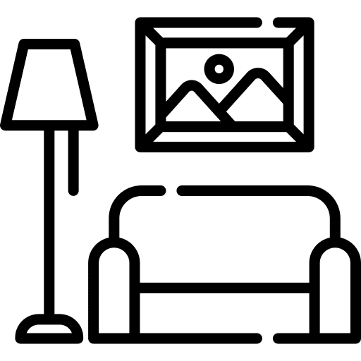 Simple living room icon with sofa, floor lamp, and wall art.